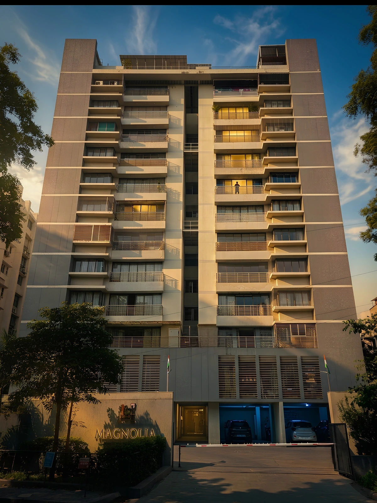 Magnolia Residency's complete front elevation in warm evening light, with its entrance and Magnolia sign.